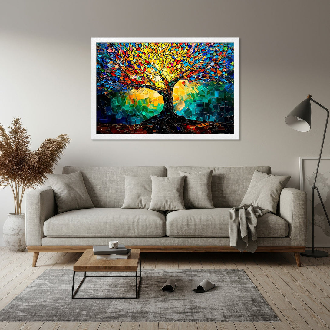 Framed Poster of a vibrant, mosaic-style tree with a colorful palette. Modern art perfect for living room decor.