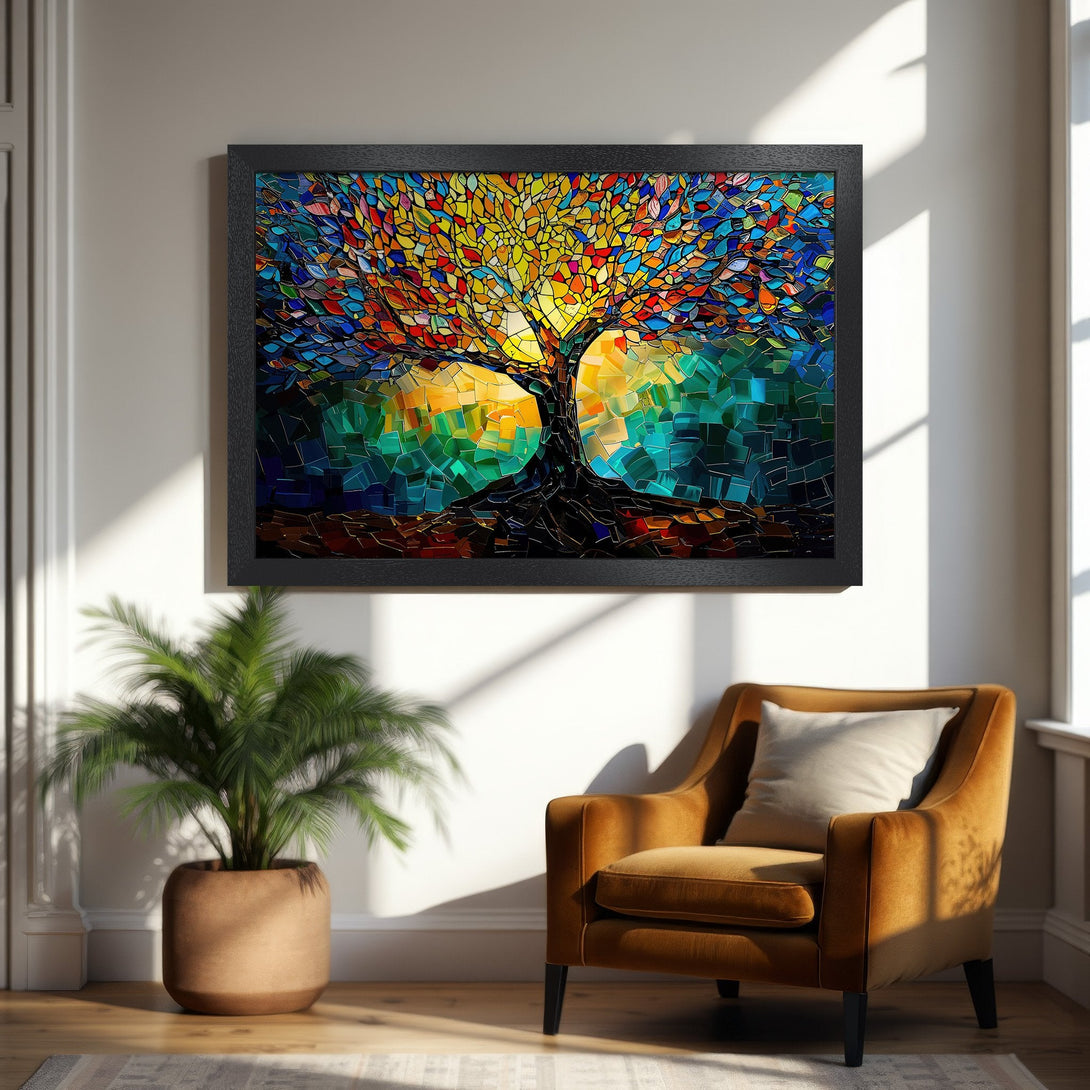 Framed Poster of a vibrant mosaic tree art print. Colorful, abstract style with a warm, inviting palette. Perfect wall decor.