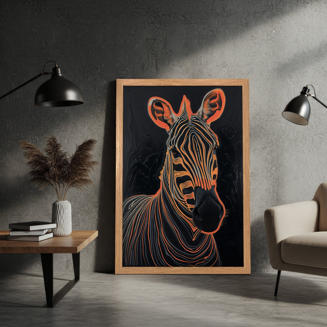 Framed Poster featuring a striking zebra illustration in a modern style, with a black and orange color palette. Perfect wall art!