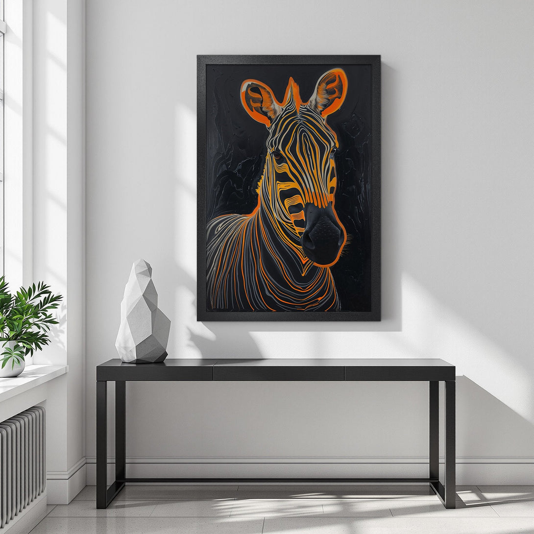 Framed Poster featuring a striking zebra artwork in black, orange, and grey. Modern art for your home!