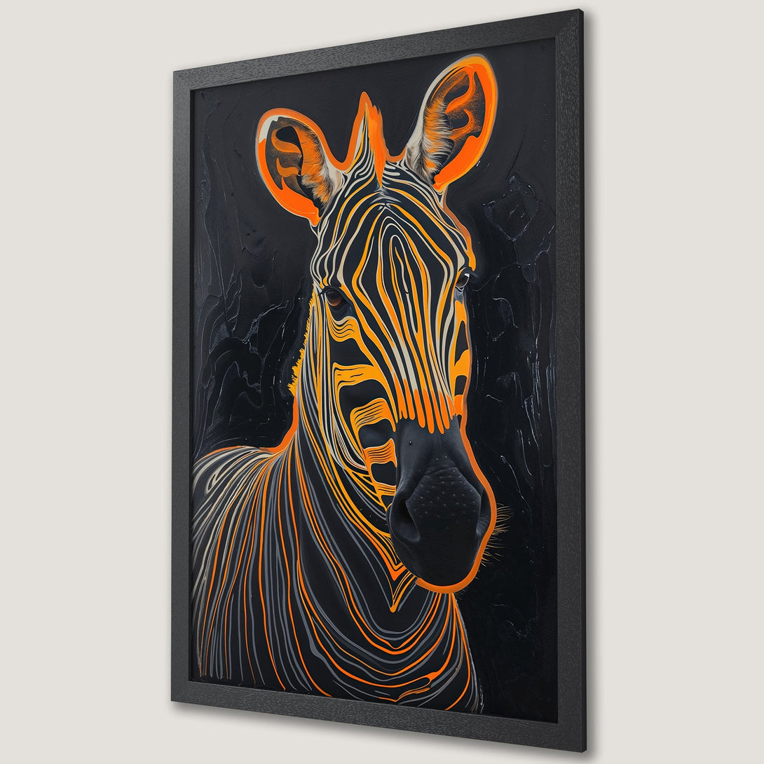 Framed Poster featuring a striking zebra illustration in a modern style with a black, orange, and gray color palette. Add a bold statement to your space!