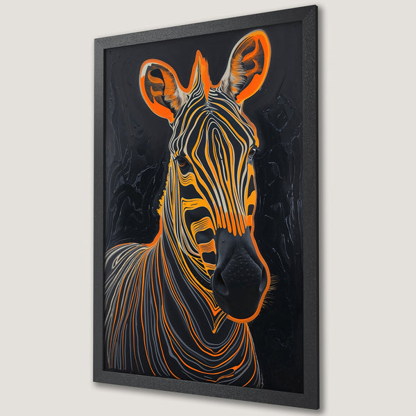 Framed Poster featuring a striking zebra illustration in a modern style with a black, orange, and gray color palette. Add a bold statement to your space!