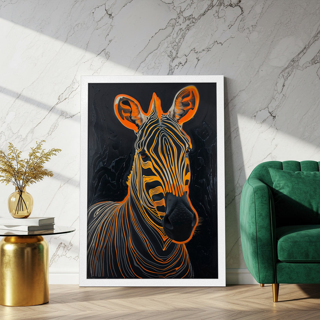 Framed Poster of a zebra in a modern style with a black, orange, and white color palette, perfect for home decor.
