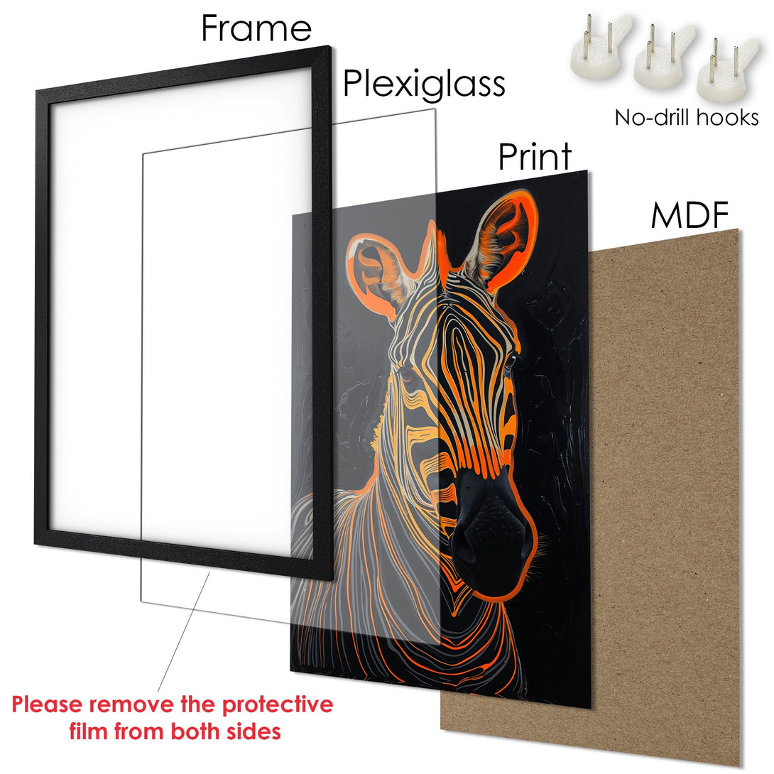 Framed Poster featuring a zebra in an abstract style with a black and orange color palette. Modern wall art.