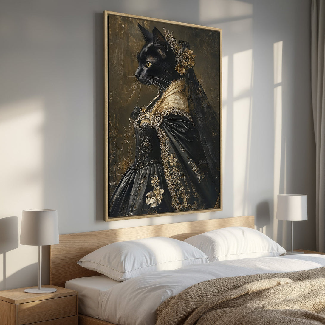 Framed Wall Art: Regal black cat portrait in a vintage style, featuring a gold and black color palette. Perfect for adding a touch of elegance to any bedroom.