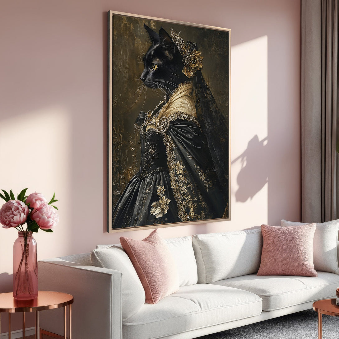 Framed Wall Art: Regal black cat portrait in ornate gown, gold accents, displayed in a chic interior. Elegant, vintage style, with a warm, neutral color palette.