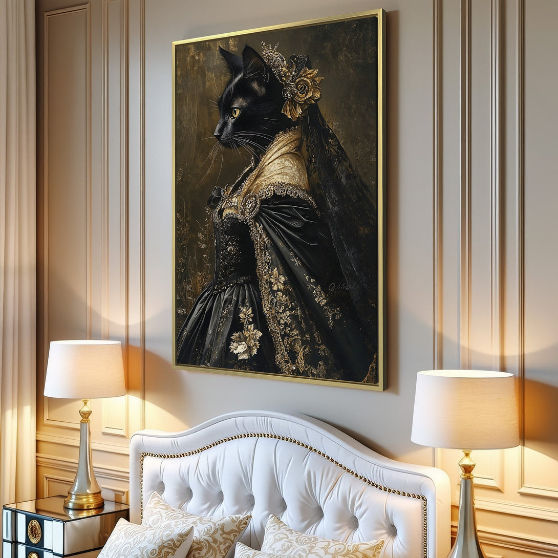 Canvas Print featuring a regal black cat in a vintage gown, rich gold and black color palette, perfect for adding a touch of elegance.