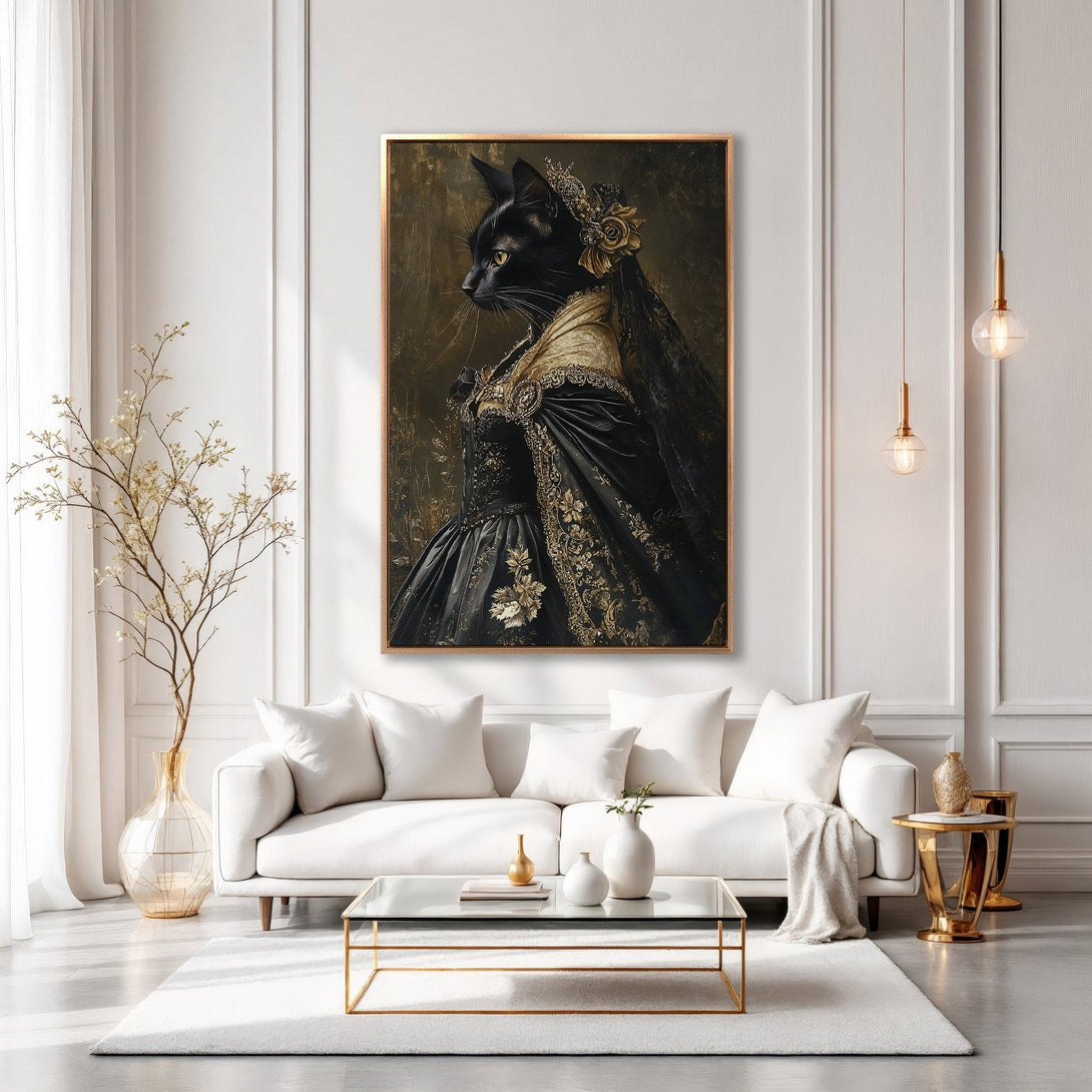 Framed Wall Art featuring a regal cat portrait in black and gold. Elegant, vintage style canvas print perfect for sophisticated home decor.