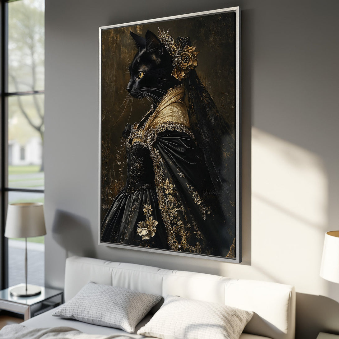 Framed Wall Art: Regal black cat portrait in a vintage style, featuring gold accents on a dark, moody background. Perfect for adding elegance to any room.