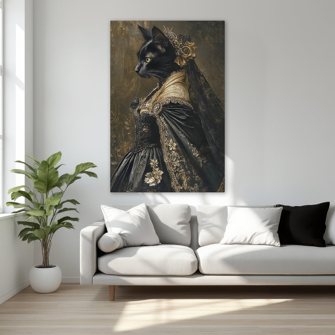 Framed Wall Art featuring a regal cat portrait in a vintage style. Elegant black and gold color palette. Perfect for adding sophistication to any room.