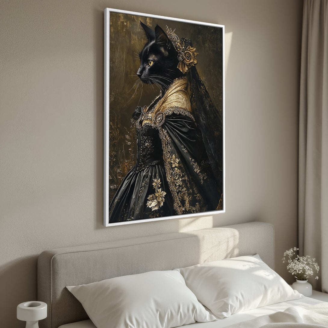 Framed Wall Art: Regal black cat portrait in a vintage style with gold accents. Elegant canvas print with a sophisticated, dark, and luxurious color palette.
