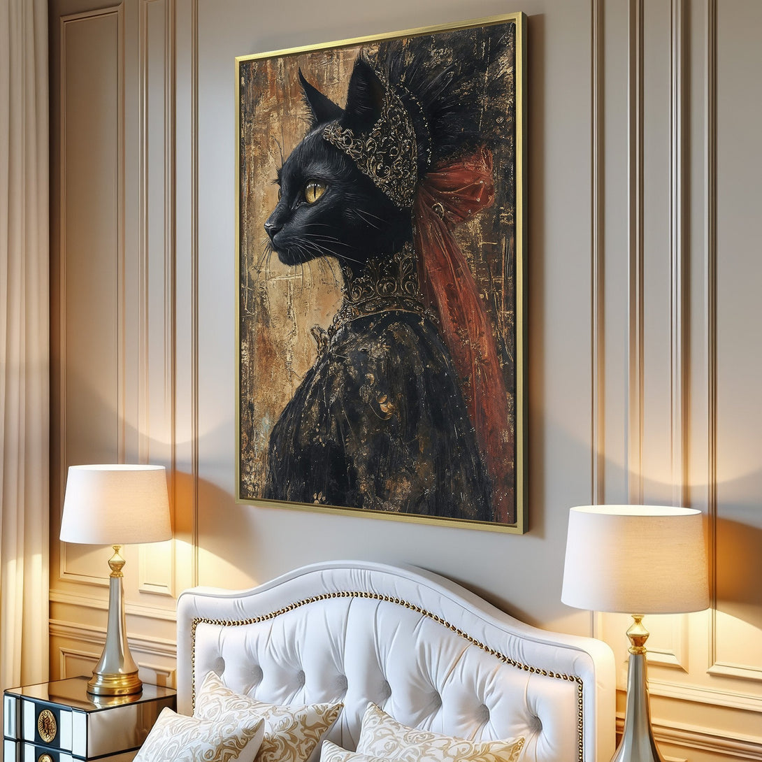 Canvas Print of a regal black cat in ornate attire. Features a warm, neutral color palette with gold accents. Perfect wall art for any space.
