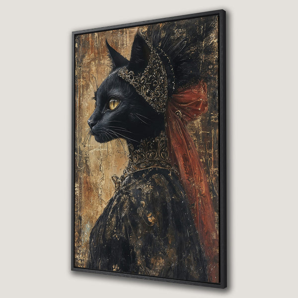 Framed Wall Art featuring a regal black cat in ornate attire, painted in a vintage style with a warm, earthy color palette. Perfect for home decor!