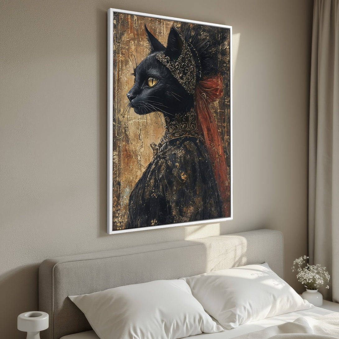 Framed Wall Art featuring a regal black cat in a baroque style, with a rich gold, black, and red color palette. Perfect for adding a touch of elegance.
