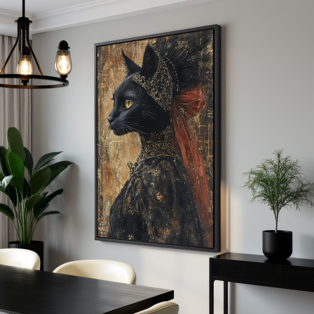 Framed Wall Art: Regal black cat portrait in a vintage style. Features a rich gold, black, and red color palette. Perfect for adding a touch of elegance to your space.