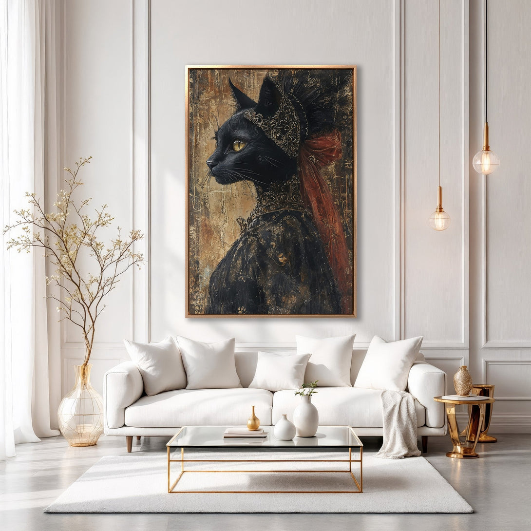 Framed Wall Art: Regal black cat portrait in gold frame, adding a touch of luxury. Featuring a black, gold, and red color palette, perfect for any decor.