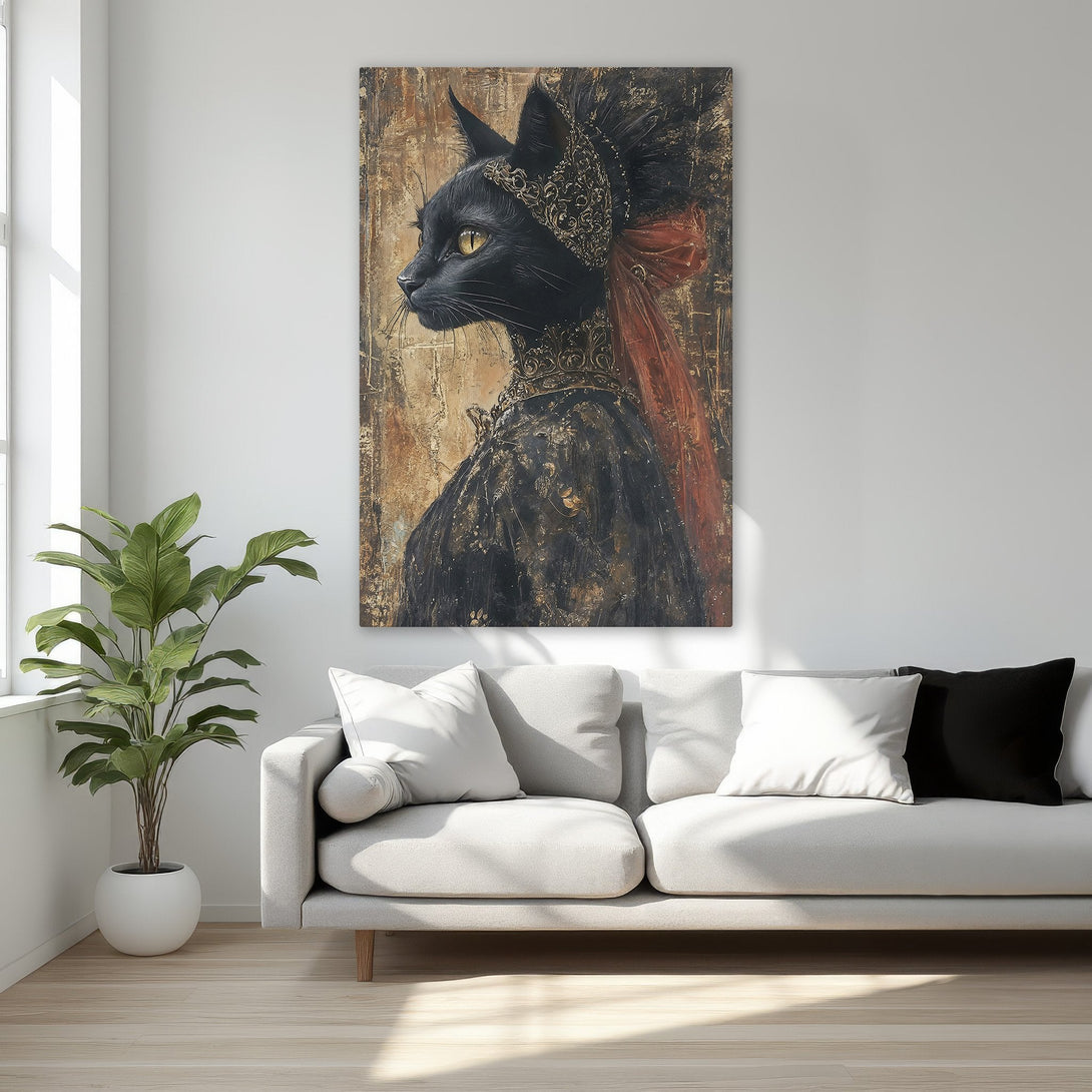 Framed Wall Art: Regal black cat portrait in gold frame, elegant style, warm neutral & black color palette. Perfect for a luxurious bedroom.