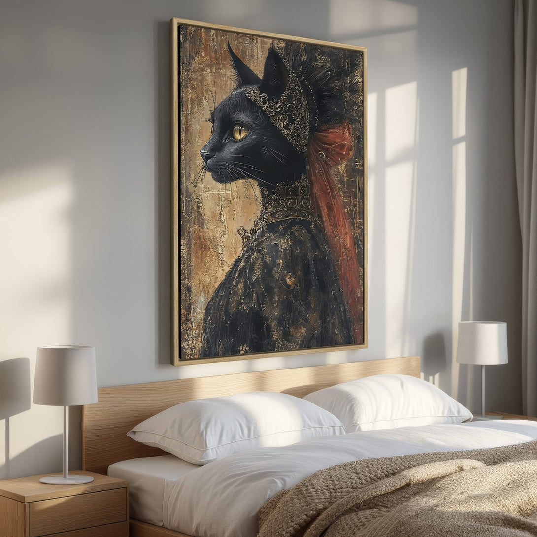 Framed Wall Art: Regal black cat portrait in a gold frame. Rich, dark color palette with gold accents. Perfect for adding a touch of elegance to your space.