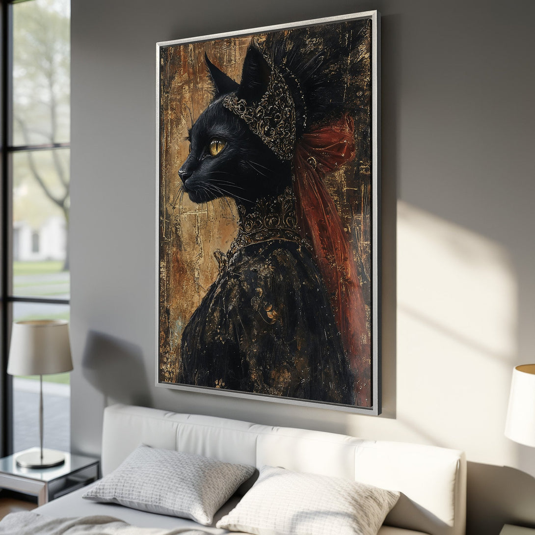 Framed Wall Art: Regal black cat portrait in a vintage style, featuring gold and red accents on a textured brown background. Perfect for adding a touch of elegance.