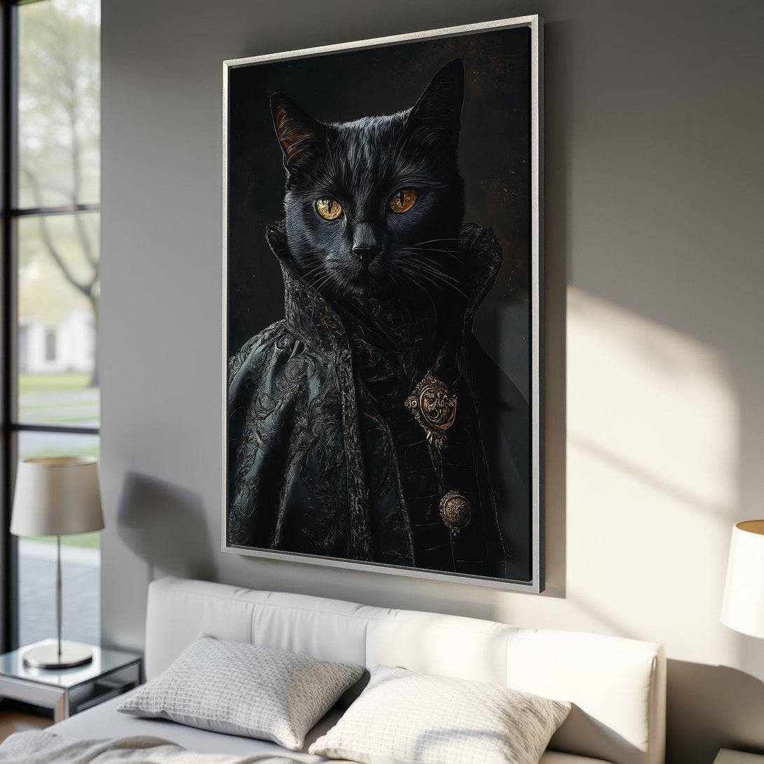Framed Wall Art: Regal black cat portrait in gothic style, featuring a dark, luxurious color palette. Perfect for adding a touch of elegance to your home decor.