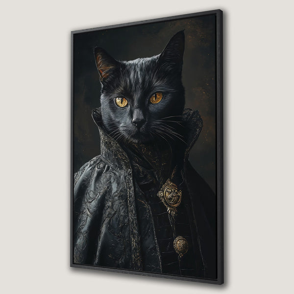 Framed Wall Art: Regal black cat portrait in dark, gothic style. Dramatic color palette with gold accents. Perfect for adding a touch of mystery.