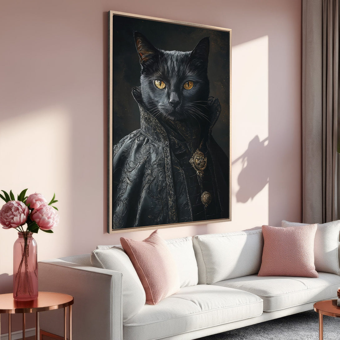 Framed Wall Art: Regal black cat portrait with gold eyes. Stylish art for home decor, featuring a dark, moody color palette. Elevate your space!