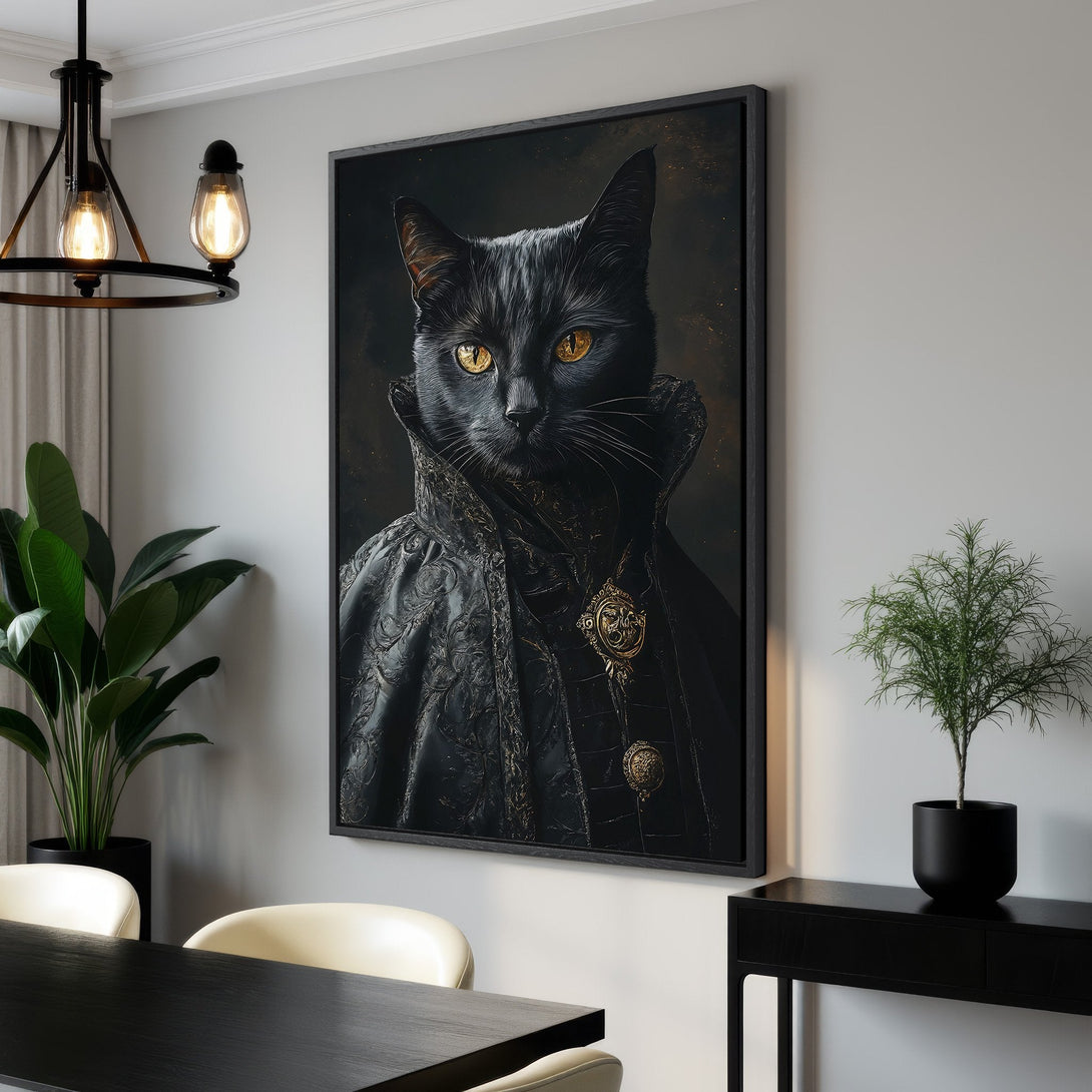 Framed Wall Art: Regal black cat portrait with gold accents. Dramatic, gothic style canvas print in a dark, moody color palette. Elevate your home decor!