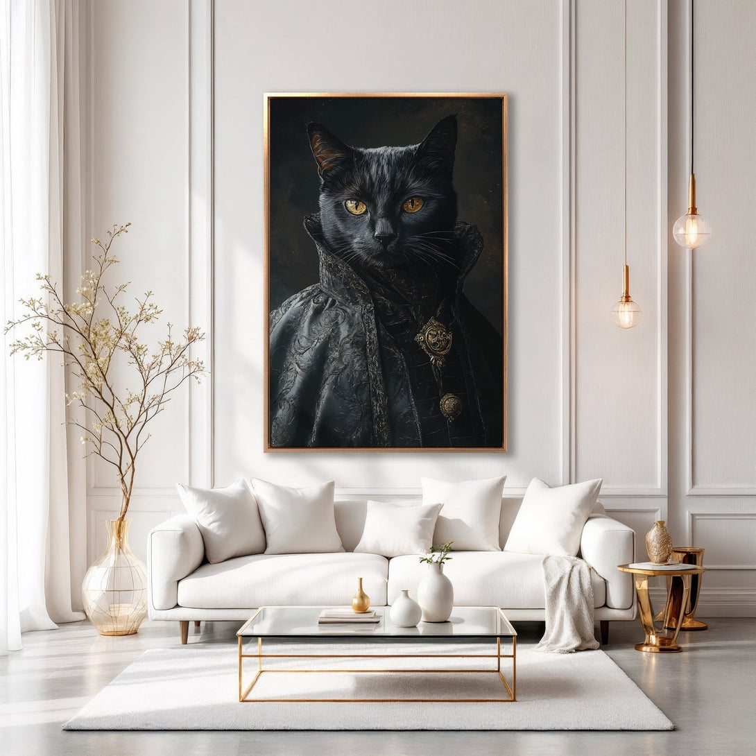 Framed Wall Art: Regal black cat portrait in a luxurious interior. Dark, dramatic color palette. Add a touch of elegance to your space!