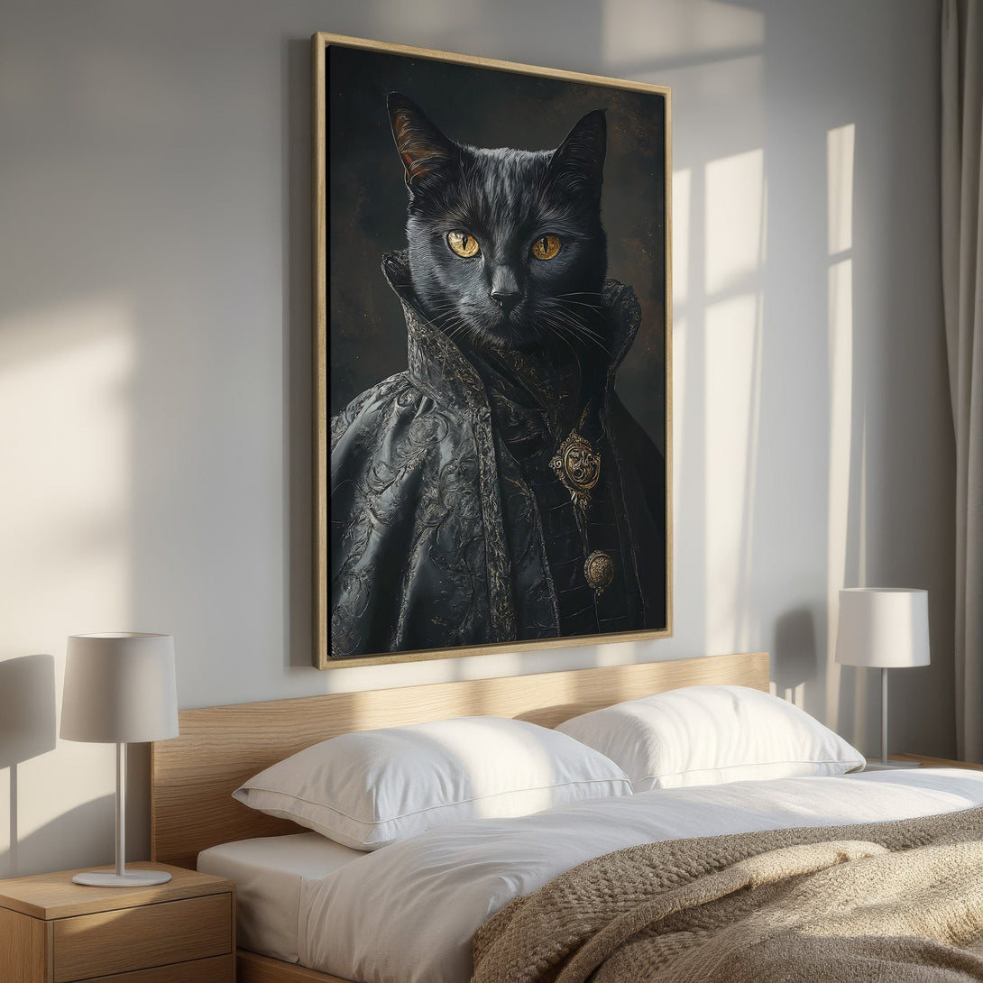 Framed Wall Art: Regal black cat portrait with gold accents, displayed in a bedroom. Dark, moody color palette. Perfect for adding a touch of elegance.