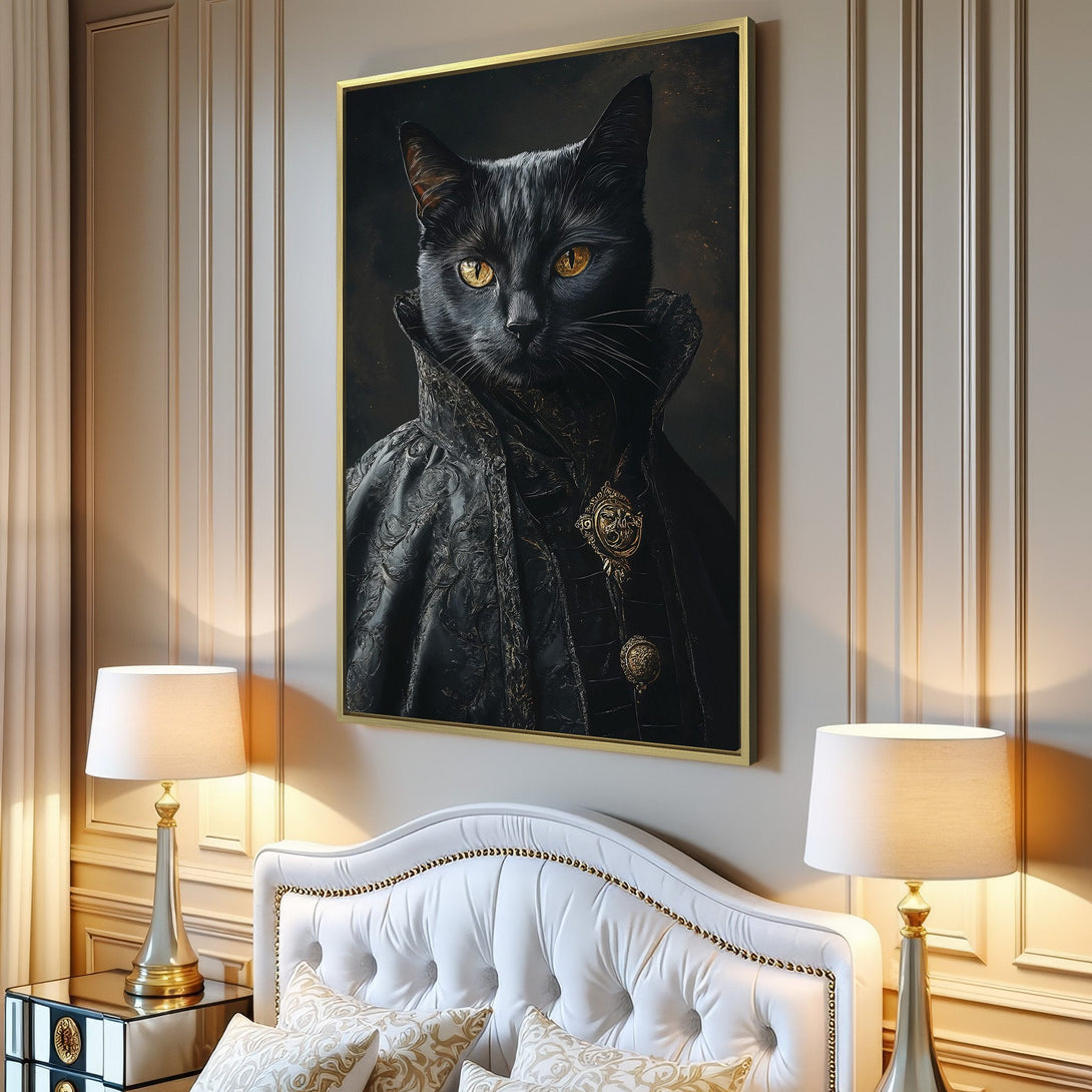 Canvas Print of a regal black cat portrait, dark and moody color palette. Perfect framed wall art for a unique home decor statement.