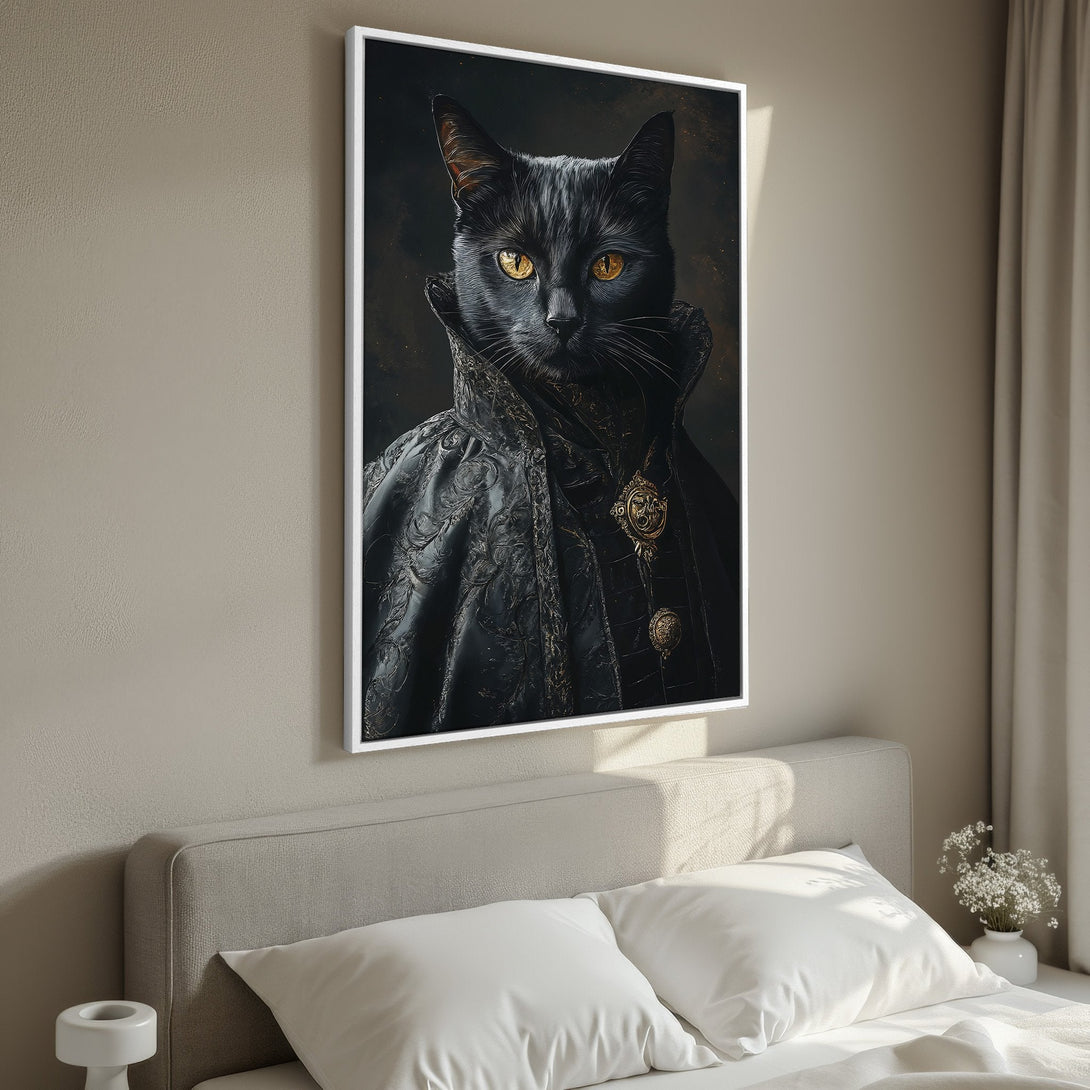 Framed Wall Art featuring a regal black cat portrait. Dark, dramatic art with a vintage aesthetic and a rich, warm color palette. Perfect for elegant decor.
