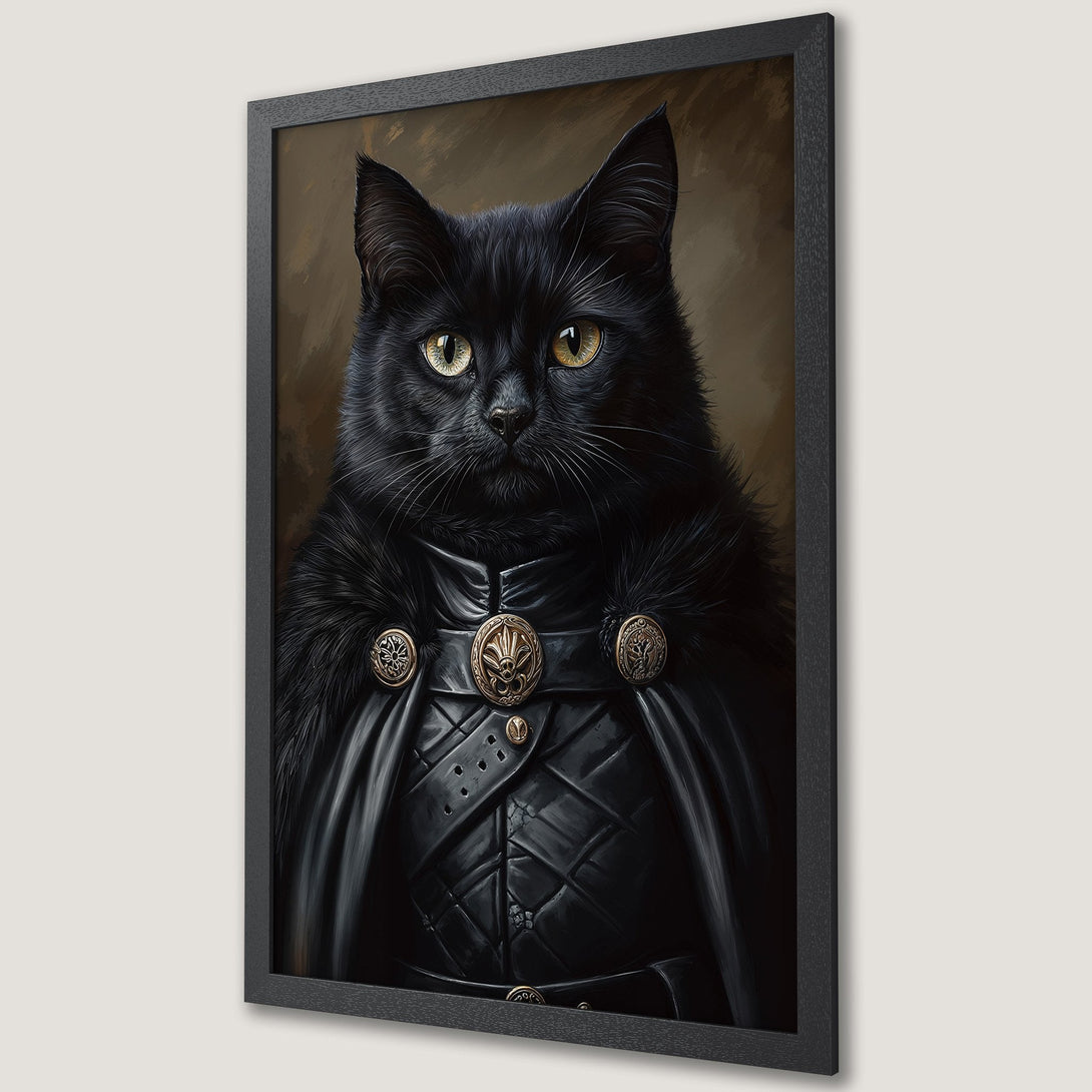 Framed Poster featuring a regal black cat in a dark, dramatic style with a gold and black color palette. Perfect wall art!