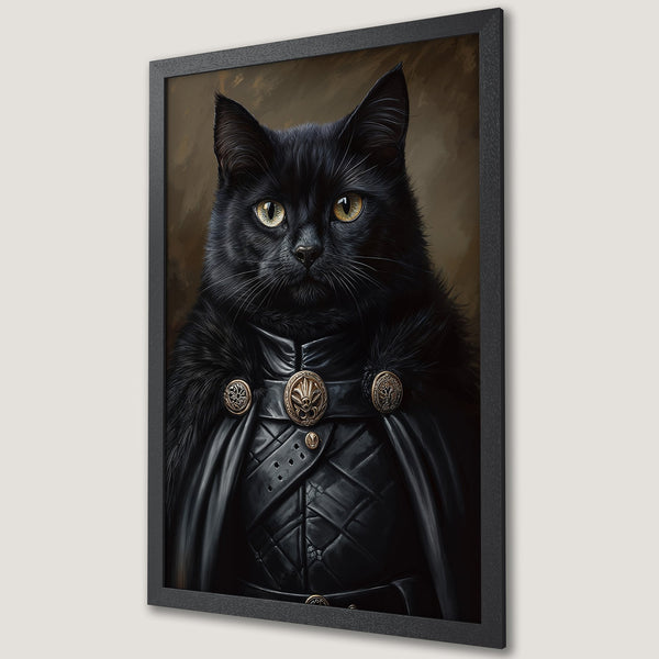 Framed Poster featuring a regal black cat in a dark, dramatic style with a gold and black color palette. Perfect wall art!