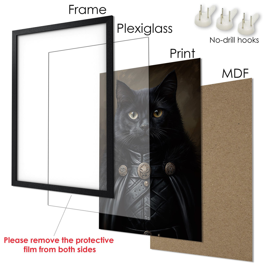Framed Poster featuring a regal black cat in a dark, artistic style. Elegant design with a neutral color palette. Perfect wall art!