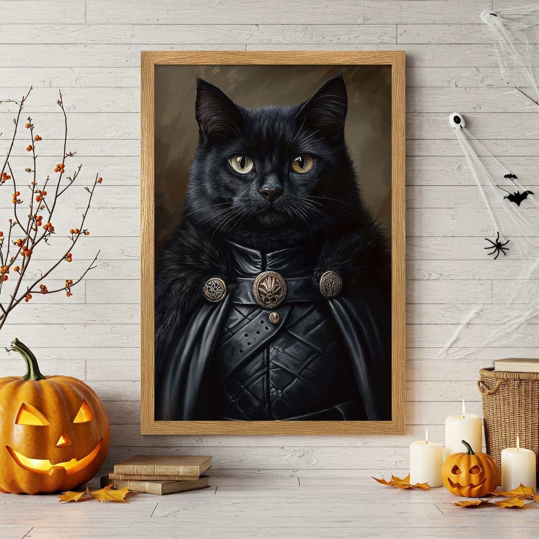 Framed Poster featuring a regal black cat in a dark, gothic style. Rich black, gold, and brown color palette. Perfect Halloween decor!