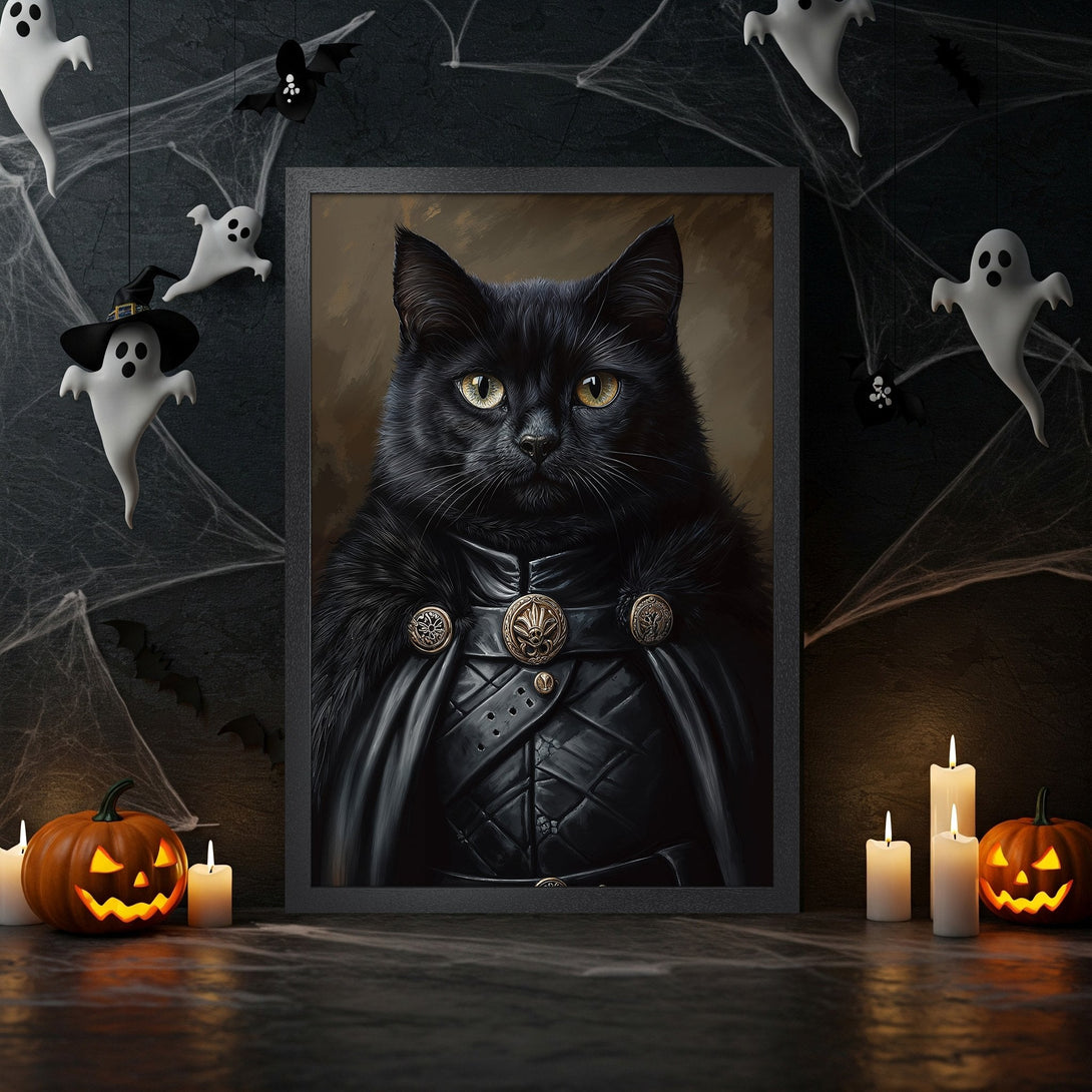 Framed Poster featuring a regal black cat in dark, gothic style. Halloween-themed decor with a dark color palette.