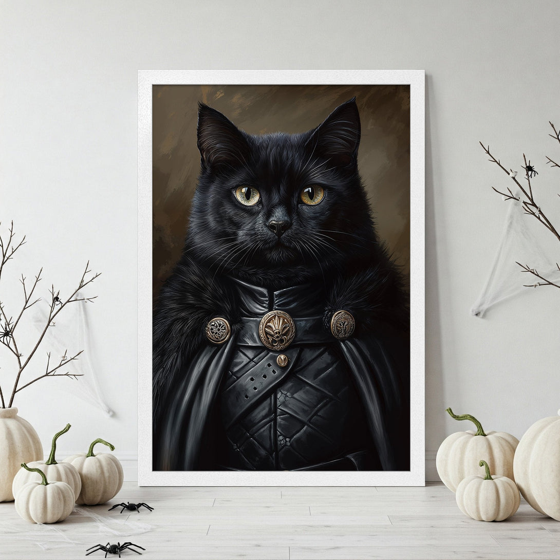 Framed Poster of a regal black cat in gothic attire. Dark, moody style with a black, gold, and sepia color palette. Perfect Halloween decor!