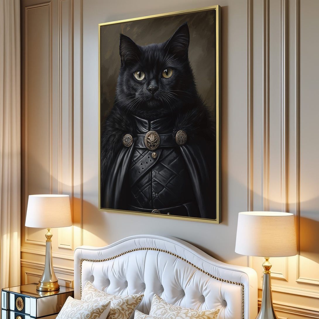 Canvas Print of a regal black cat portrait, dark and moody color palette. Perfect for adding a touch of unique style to your home decor.