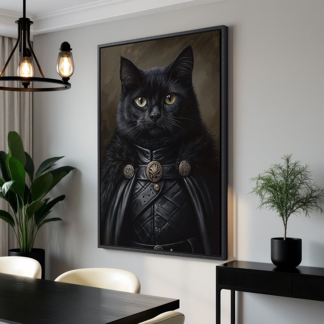 Framed Wall Art featuring a regal black cat portrait in a dark, moody style. Perfect for adding a touch of sophistication to your home decor.