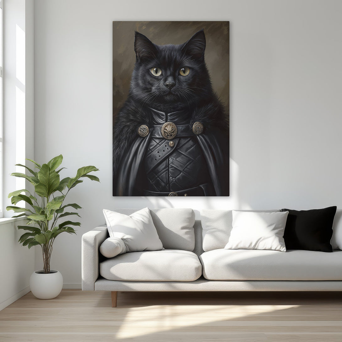 Framed Wall Art: Regal black cat portrait in a gold frame. Dramatic style with dark, rich tones. Perfect for adding a touch of luxury.