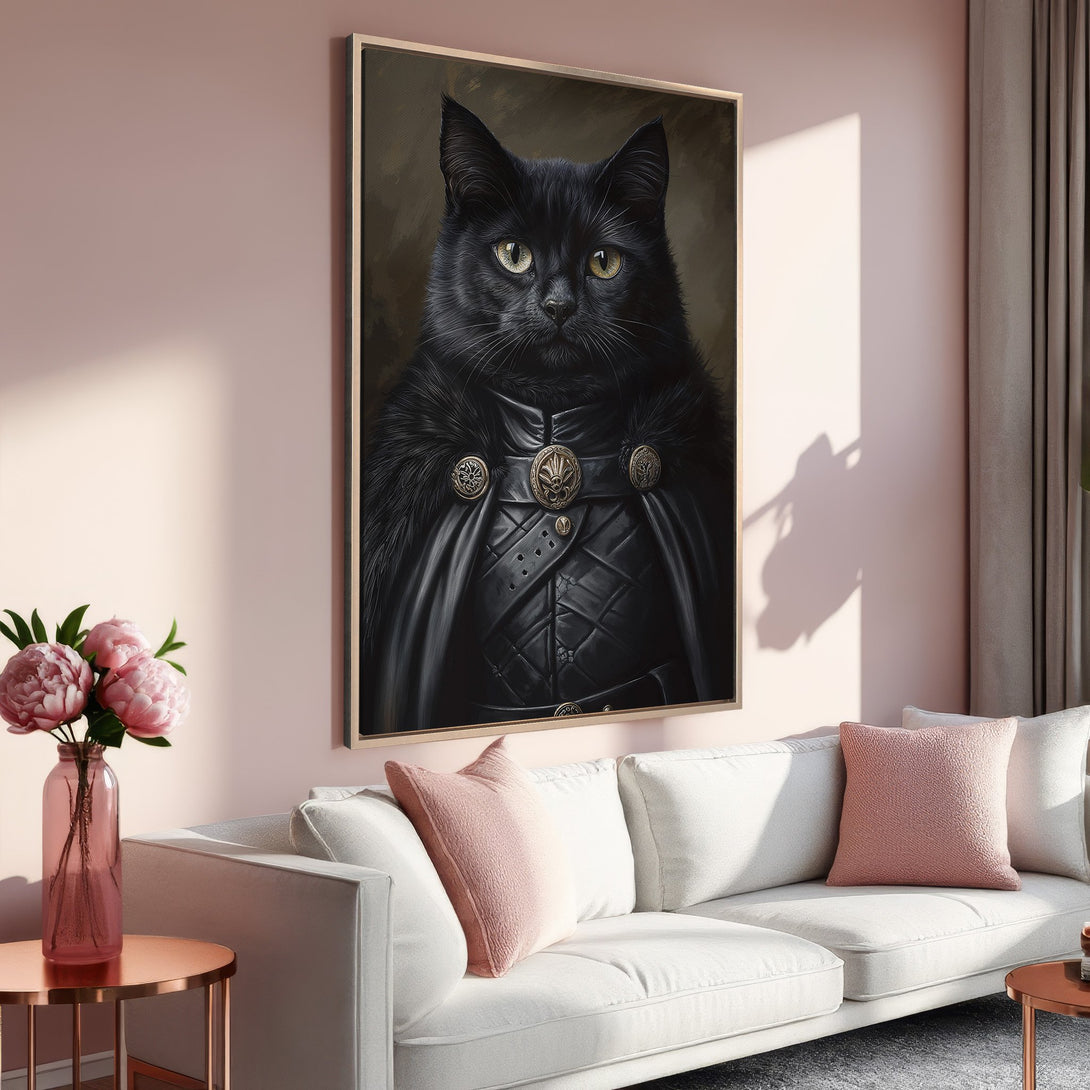 Framed Wall Art featuring a regal black cat portrait. Elegant, vintage style with a dark, rich color palette. Perfect for adding character to any space.