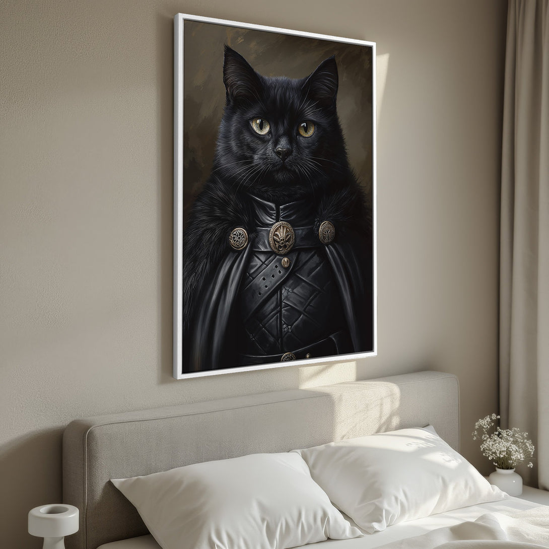 Framed Wall Art: Regal black cat portrait in dark, moody tones. A striking canvas print for a unique, stylish home decor statement.