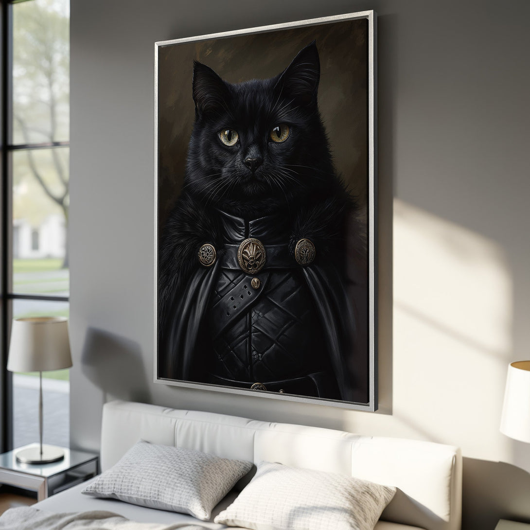 Framed Wall Art: Regal black cat portrait in dark tones. Perfect for adding a touch of elegance to any room. Shop now for unique home decor!
