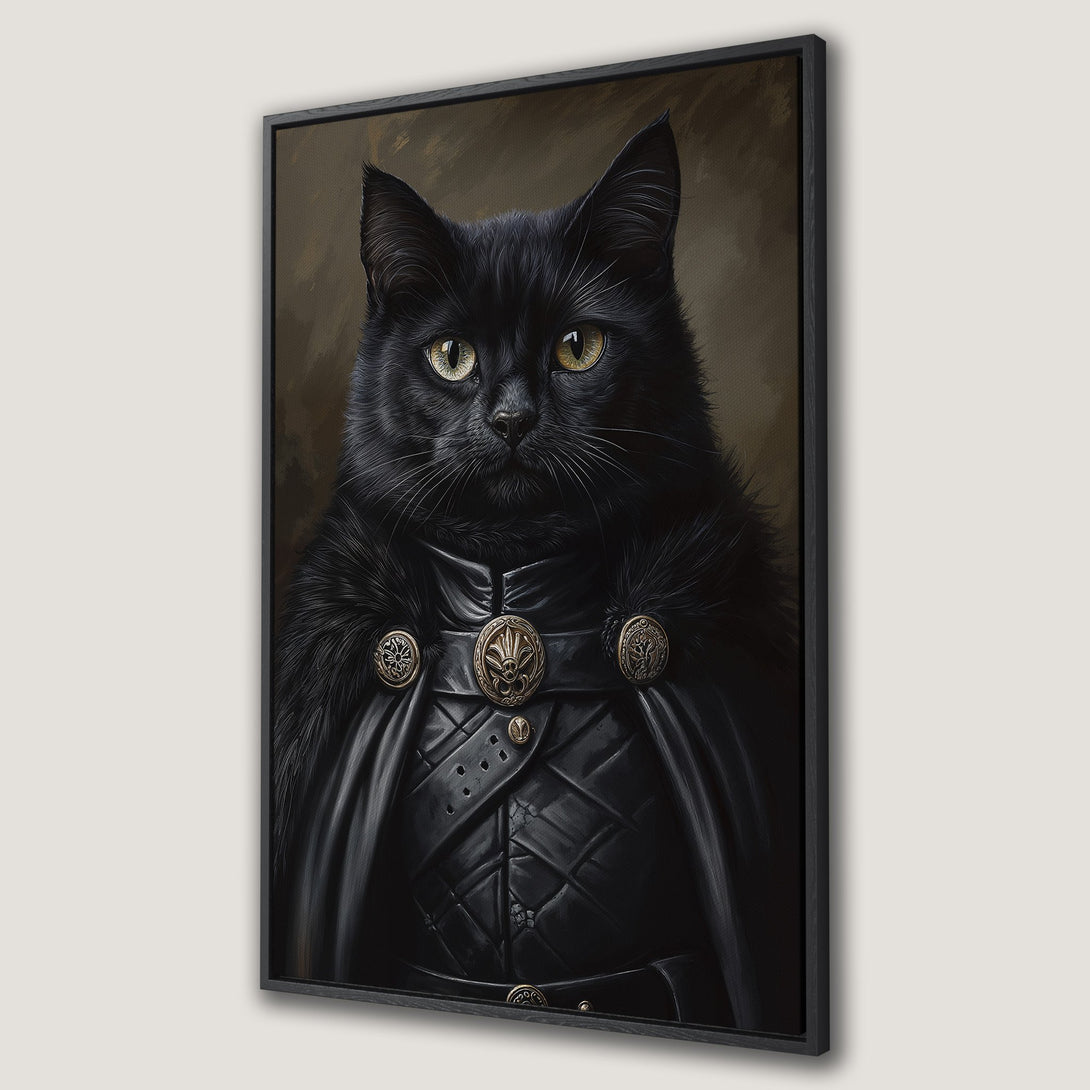Framed Wall Art: Regal black cat portrait in dark, dramatic tones. A unique and stylish canvas print to elevate your home décor!