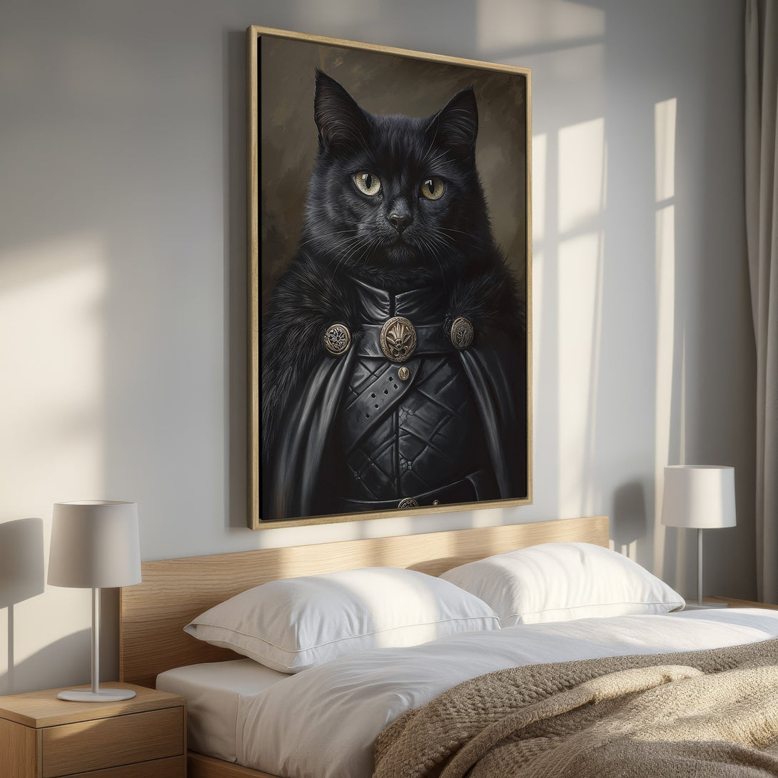 Framed Wall Art: Regal black cat portrait in a dark, dramatic style. Features a rich, dark color palette with gold accents. Perfect for adding a touch of elegance.