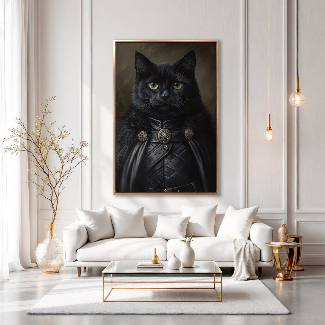 Framed Wall Art: Regal black cat portrait in a luxurious interior. Dramatic style with a dark, moody palette. Perfect for adding a touch of personality.
