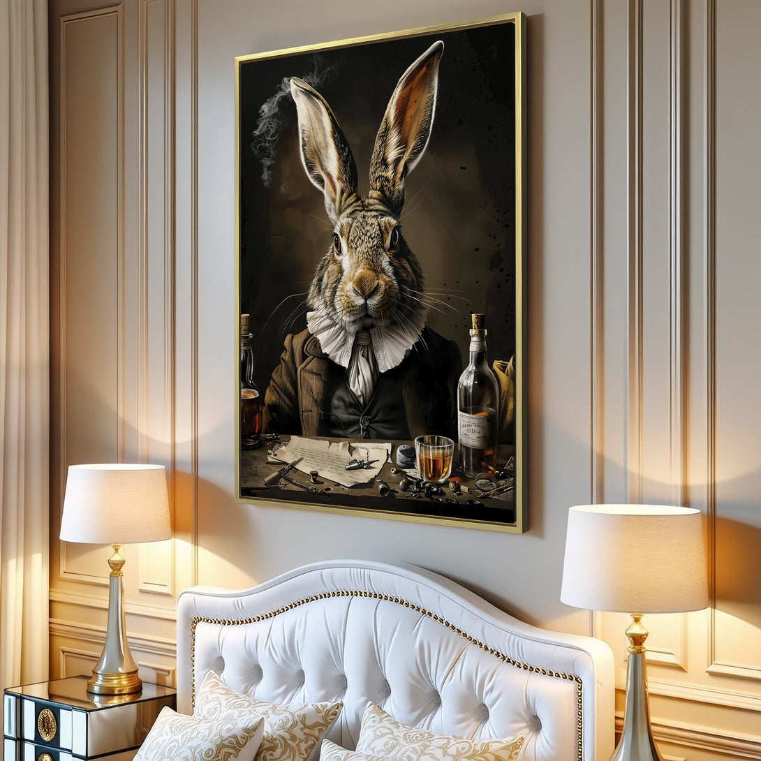 Canvas Print of a dapper rabbit in a vintage style, warm brown and beige tones, perfect for adding character to your home decor.