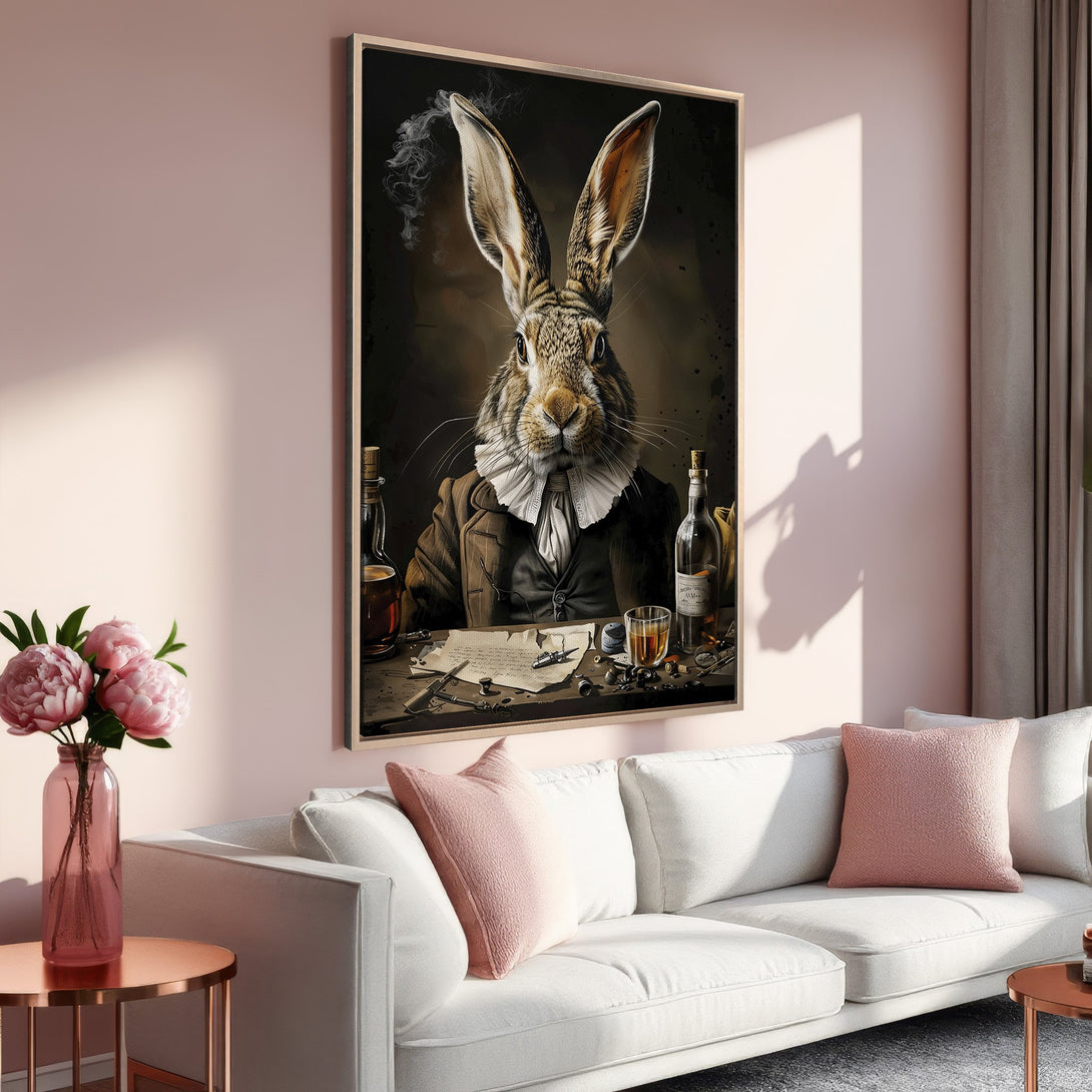 Framed Wall Art: Dapper rabbit portrait in a vintage style, featuring a warm, earthy palette. Perfect for adding character to any room.