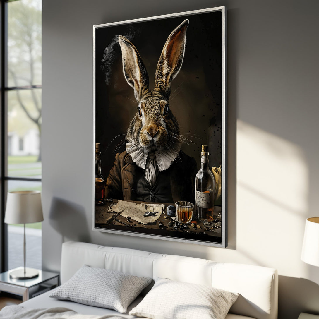 Framed Wall Art featuring a dapper rabbit in a vintage style, rich brown and gold tones. Perfect for adding character to your home decor.