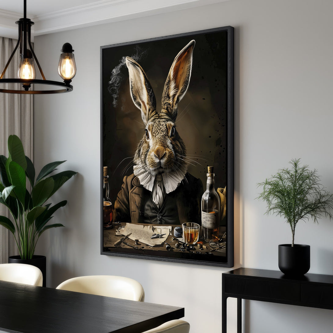 Framed Wall Art: Dapper rabbit portrait in a vintage style, warm brown and beige tones. Perfect for adding character to your home decor.
